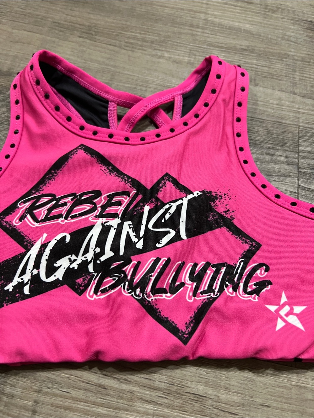 Rebel Against Bullying bra size YS. Pink with black rhinestones. - Picture 2 of 6
